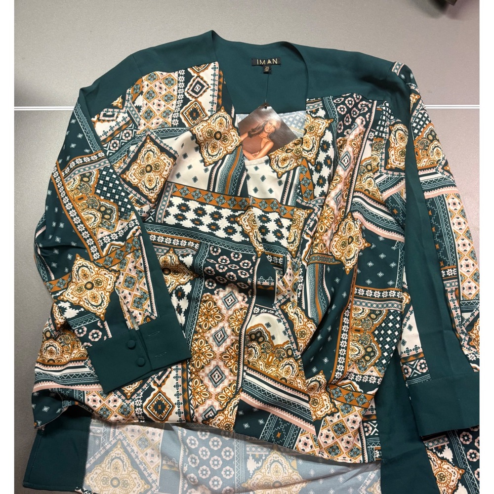 Iman Global Chic Womens 2X Patchwork‎ Print V-Neck Blouse Emerald Green Boho Top